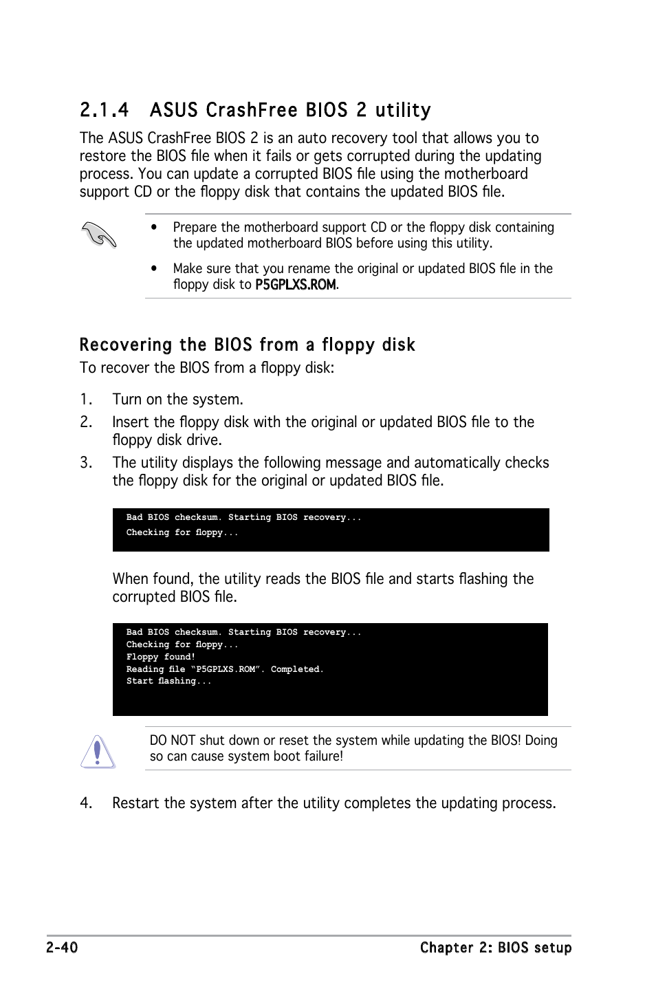 4 asus crashfree bios 2 utility, Recovering the bios from a floppy disk | Asus P5GPL-X SE User Manual | Page 52 / 94