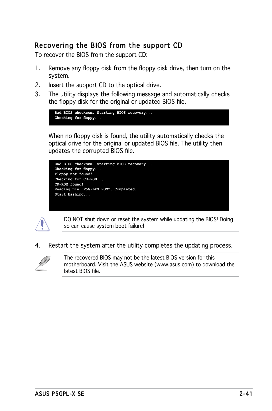 Recovering the bios from the support cd | Asus P5GPL-X SE User Manual | Page 53 / 94