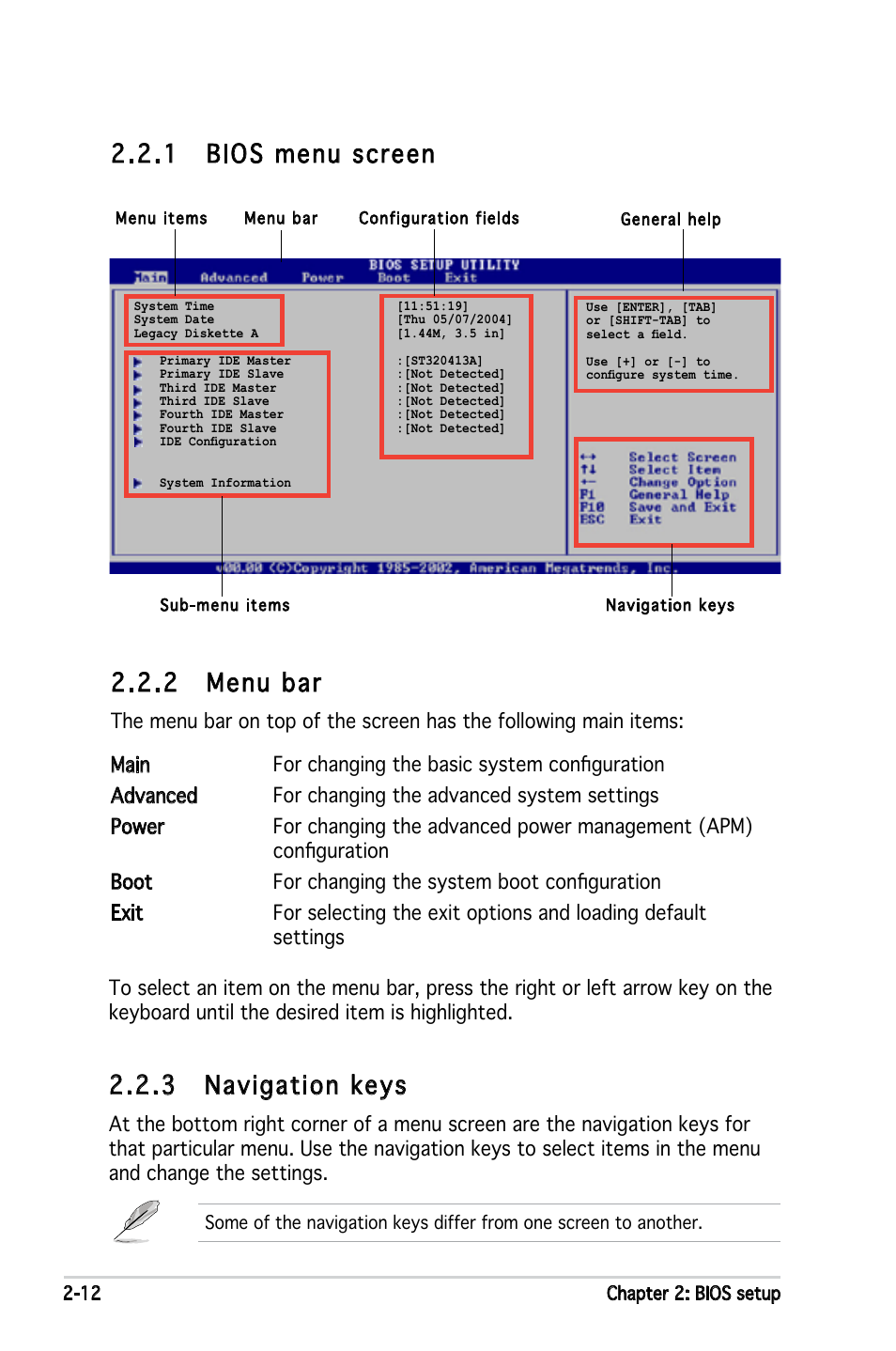 2 menu bar, 1 bios menu screen, 3 navigation keys | Asus P5GPL-X SE User Manual | Page 58 / 94