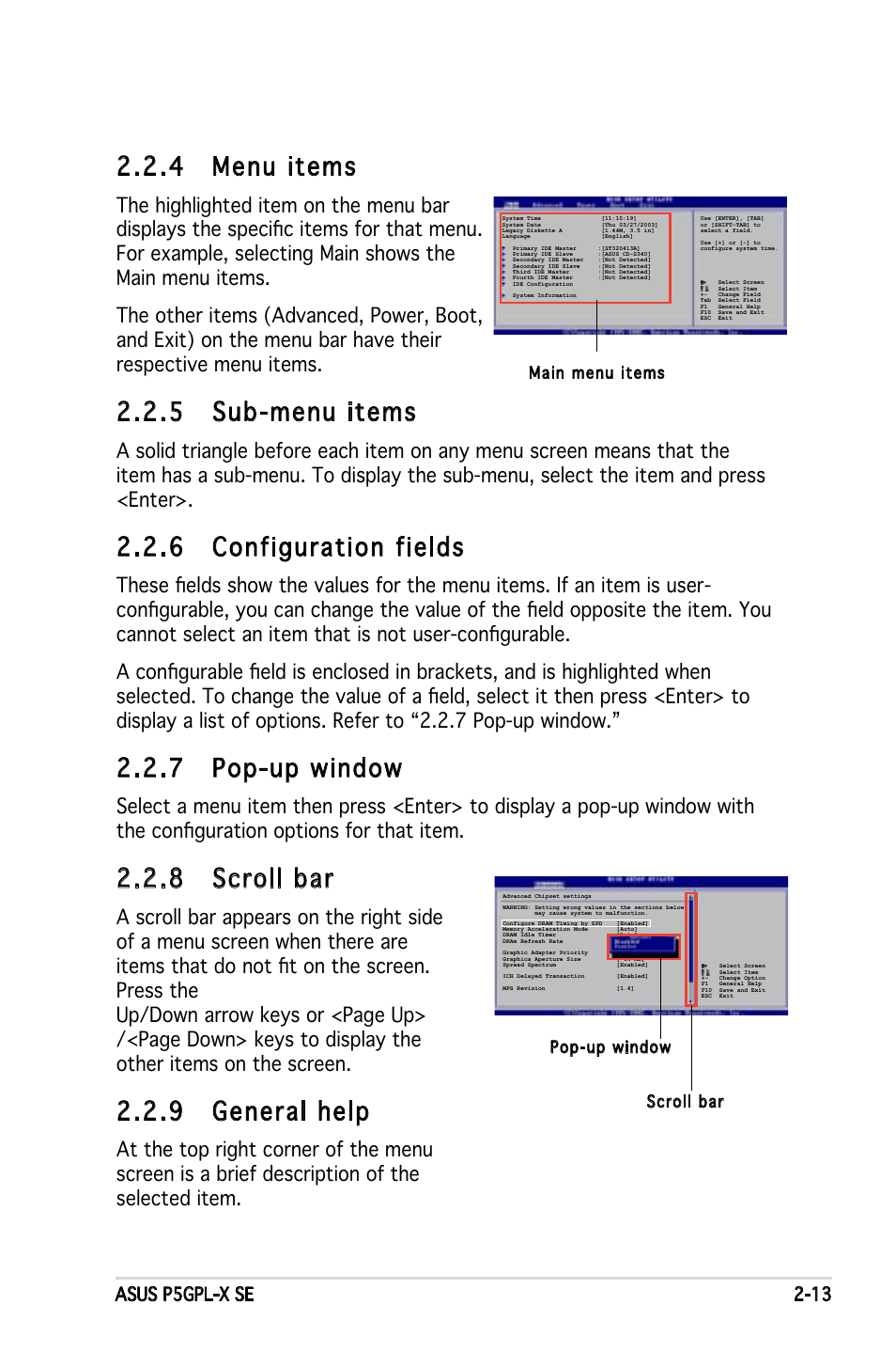 4 menu items, 5 sub-menu items, 6 configuration fields | 7 pop-up window, 8 scroll bar, 9 general help, Asus p5gpl-x se 2-13 | Asus P5GPL-X SE User Manual | Page 59 / 94