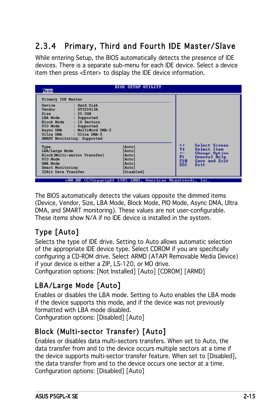 4 primary, third and fourth ide master/slave, Type [auto, Lba/large mode [auto | Block (multi-sector transfer) [auto | Asus P5GPL-X SE User Manual | Page 61 / 94