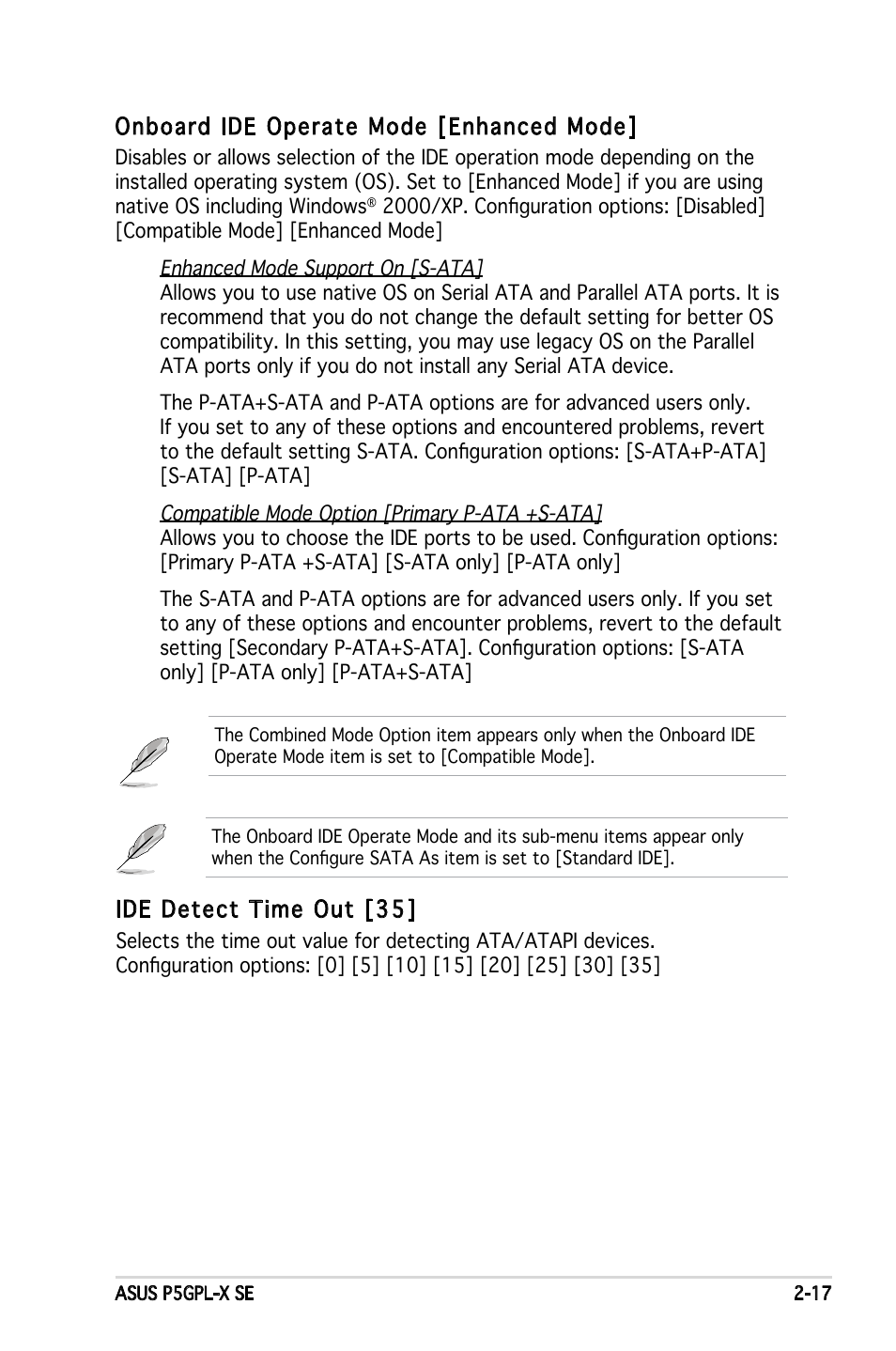 Onboard ide operate mode [enhanced mode, Ide detect time out [35 | Asus P5GPL-X SE User Manual | Page 63 / 94