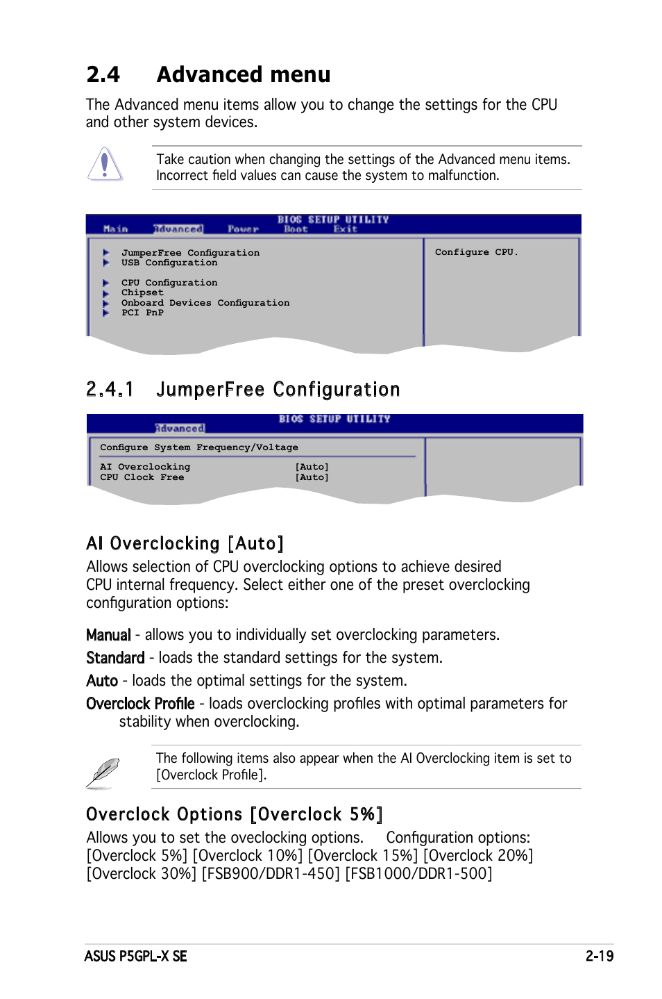 4 advanced menu, 1 jumperfree configuration, Ai overclocking [auto | Overclock options [overclock 5 | Asus P5GPL-X SE User Manual | Page 65 / 94