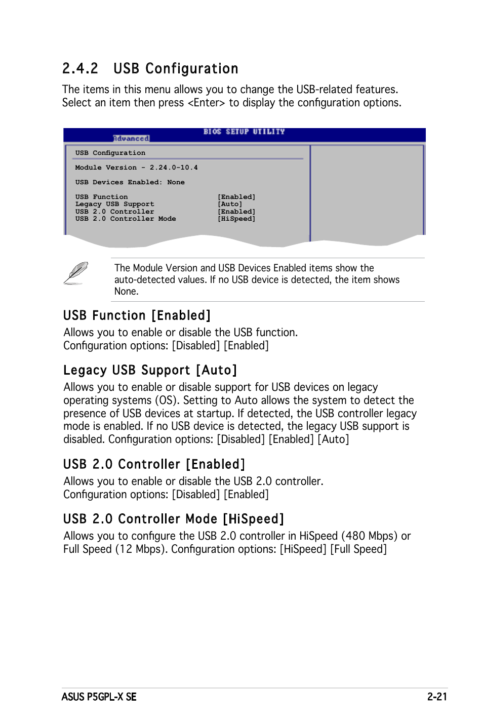 2 usb configuration, Usb function [enabled, Legacy usb support [auto | Usb 2.0 controller [enabled, Usb 2.0 controller mode [hispeed | Asus P5GPL-X SE User Manual | Page 67 / 94