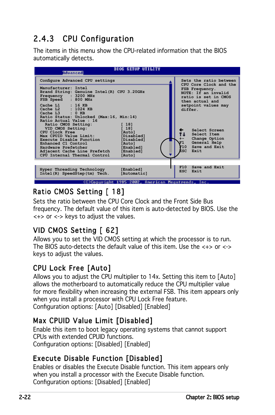3 cpu configuration, Ratio cmos setting [ 18, Vid cmos setting [ 62 | Cpu lock free [auto, Max cpuid value limit [disabled, Execute disable function [disabled | Asus P5GPL-X SE User Manual | Page 68 / 94