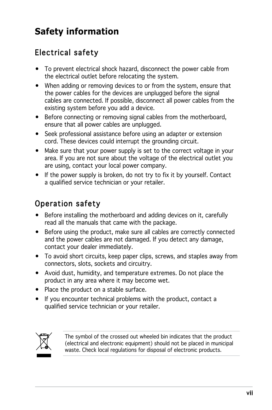 Safety information, Electrical safety, Operation safety | Asus P5GPL-X SE User Manual | Page 7 / 94