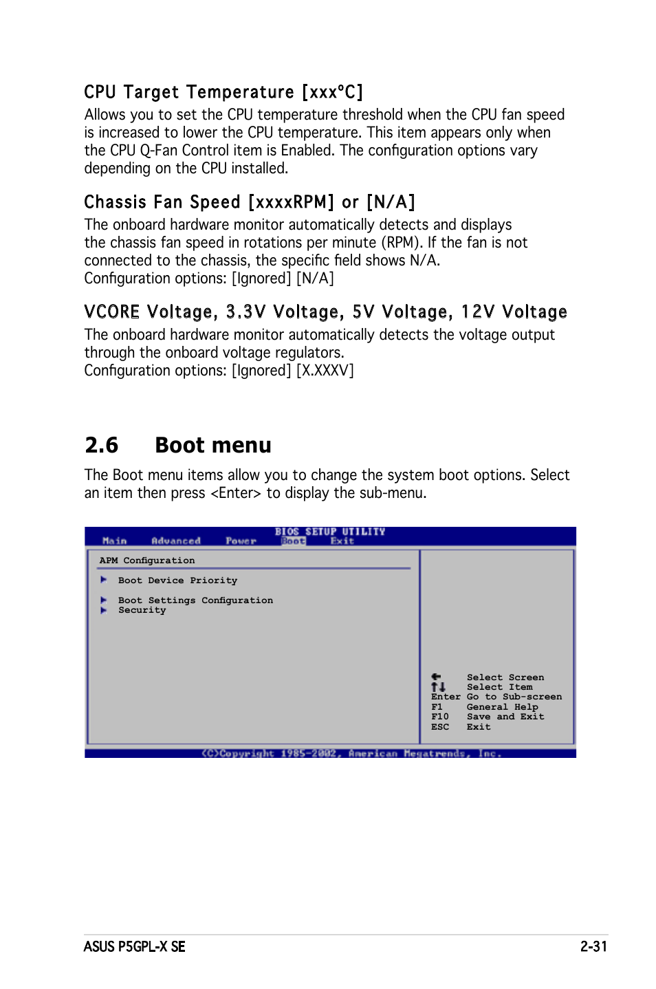 6 boot menu, Cpu target temperature [xxxºc | Asus P5GPL-X SE User Manual | Page 77 / 94