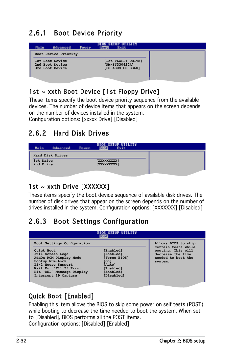 1 boot device priority, 3 boot settings configuration, 2 hard disk drives | 1st ~ xxth boot device [1st floppy drive, Quick boot [enabled | Asus P5GPL-X SE User Manual | Page 78 / 94