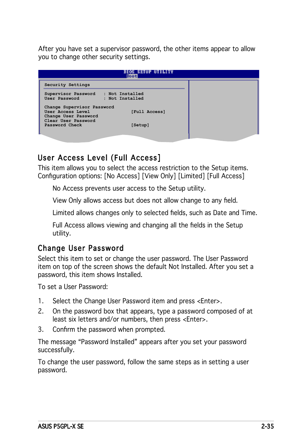 User access level (full access, Change user password | Asus P5GPL-X SE User Manual | Page 81 / 94