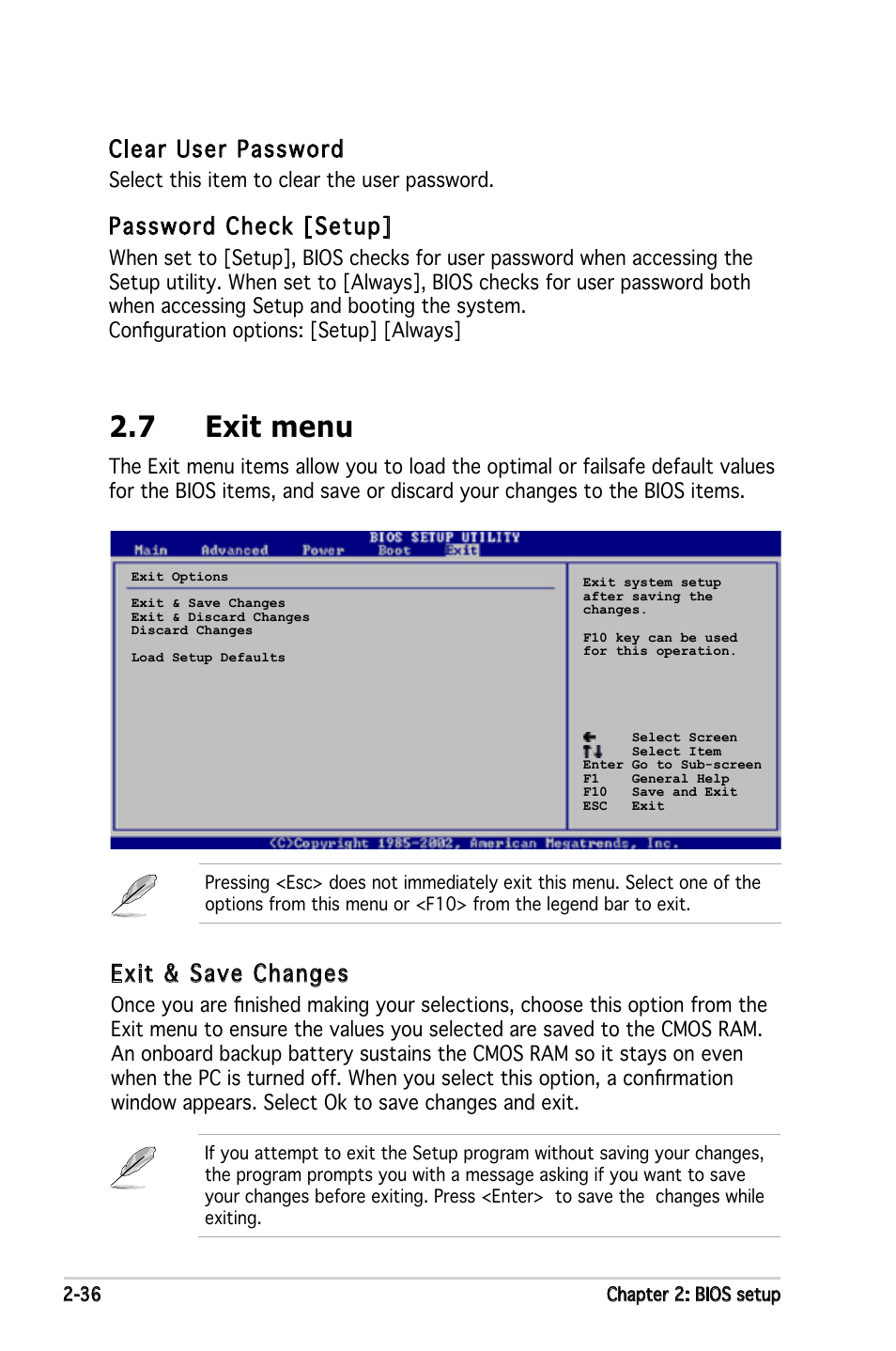 7 exit menu, Clear user password, Password check [setup | Exit & save changes | Asus P5GPL-X SE User Manual | Page 82 / 94