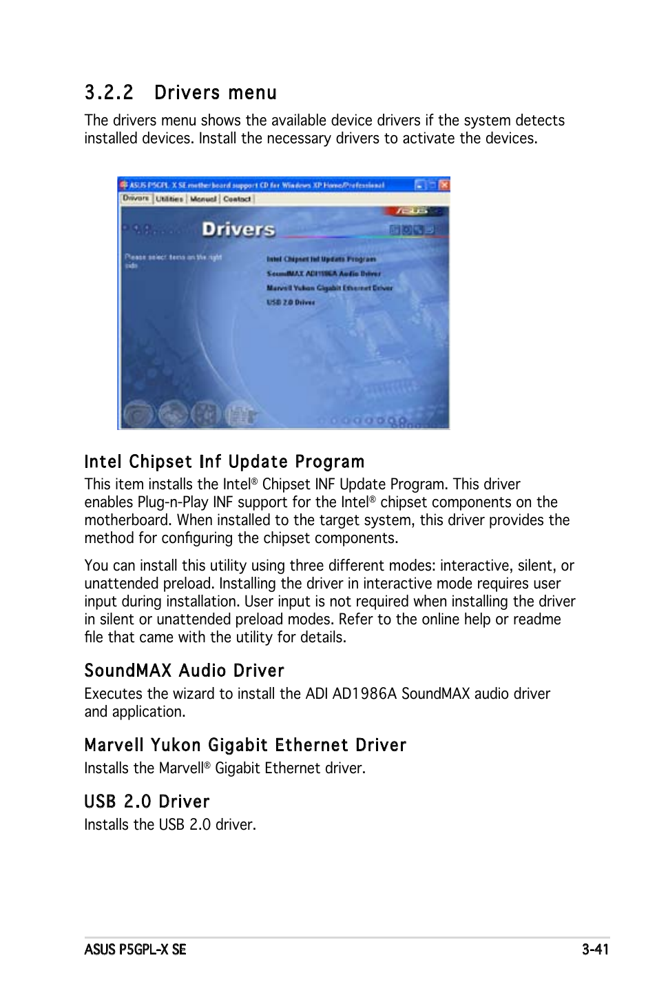 2 drivers menu, Intel chipset inf update program, Soundmax audio driver | Marvell yukon gigabit ethernet driver, Usb 2.0 driver | Asus P5GPL-X SE User Manual | Page 87 / 94