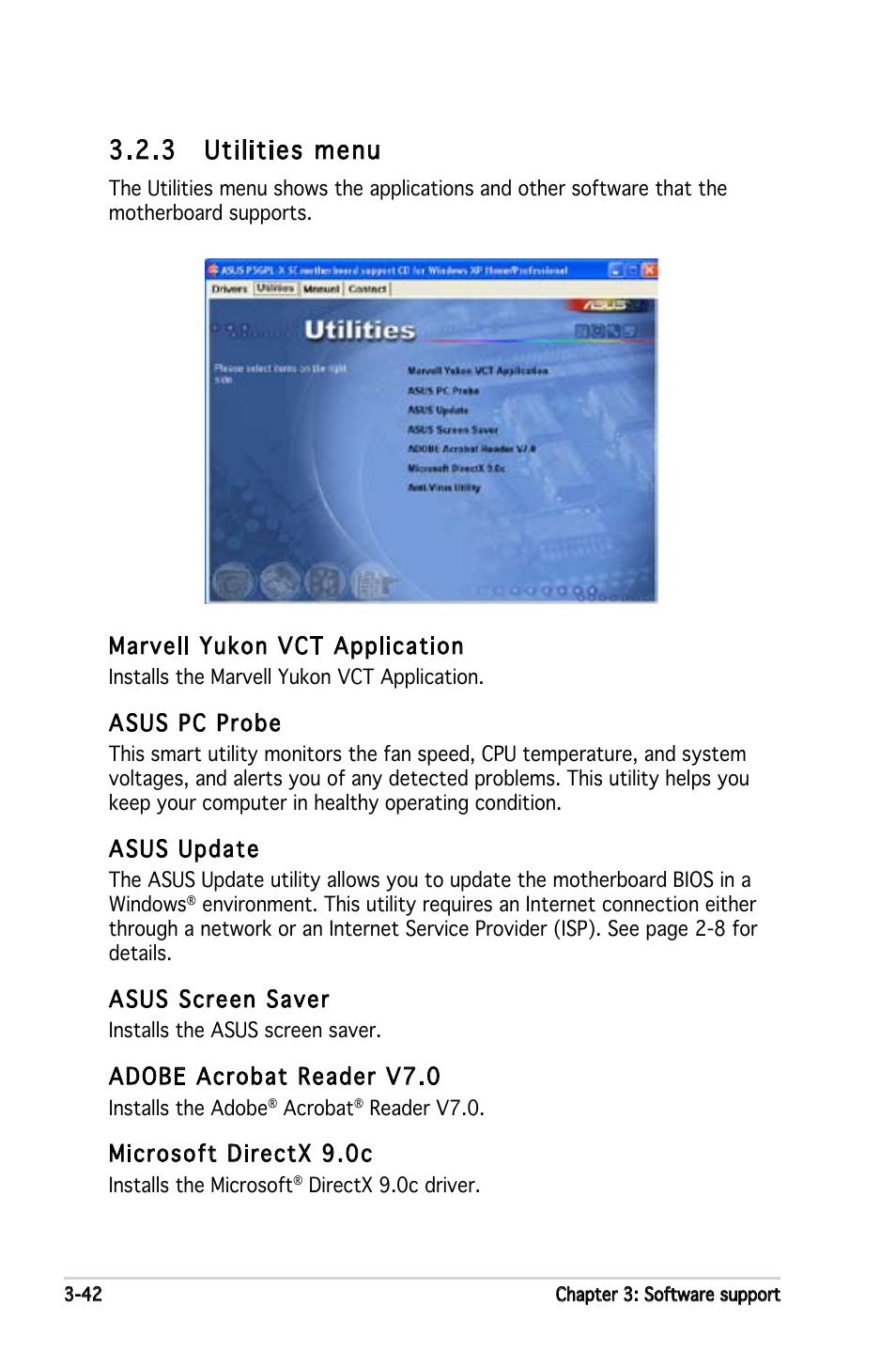 3 utilities menu, Marvell yukon vct application, Asus pc probe | Asus update, Asus screen saver, Adobe acrobat reader v7.0, Microsoft directx 9.0c | Asus P5GPL-X SE User Manual | Page 88 / 94