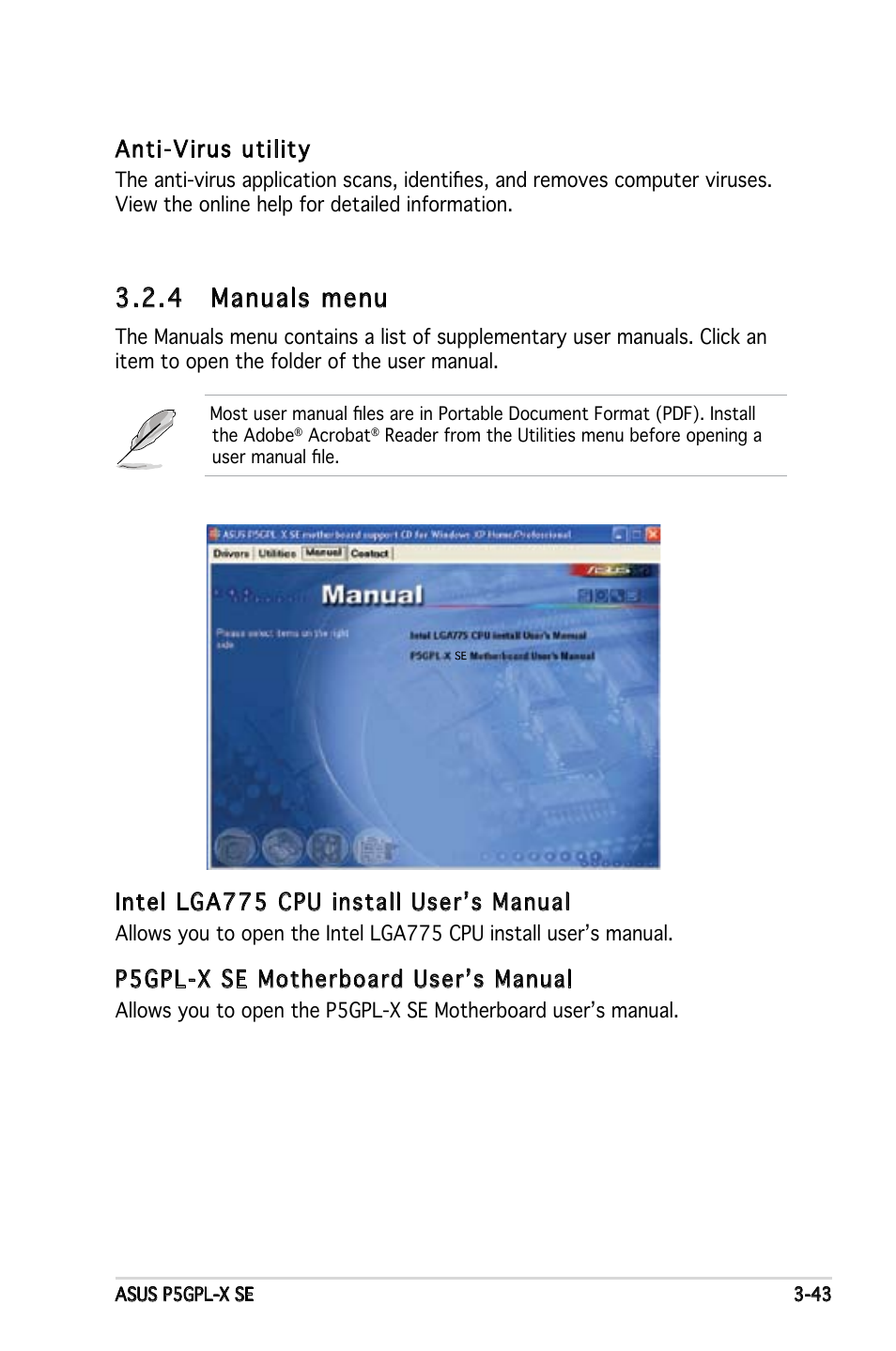 4 manuals menu, Anti-virus utility, Intel lga775 cpu install user’s manual | P5gpl-x se motherboard user’s manual | Asus P5GPL-X SE User Manual | Page 89 / 94