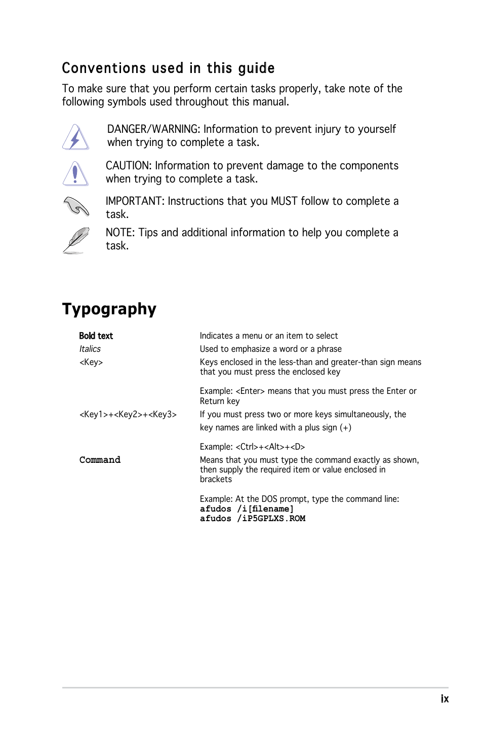 Typography, Conventions used in this guide | Asus P5GPL-X SE User Manual | Page 9 / 94