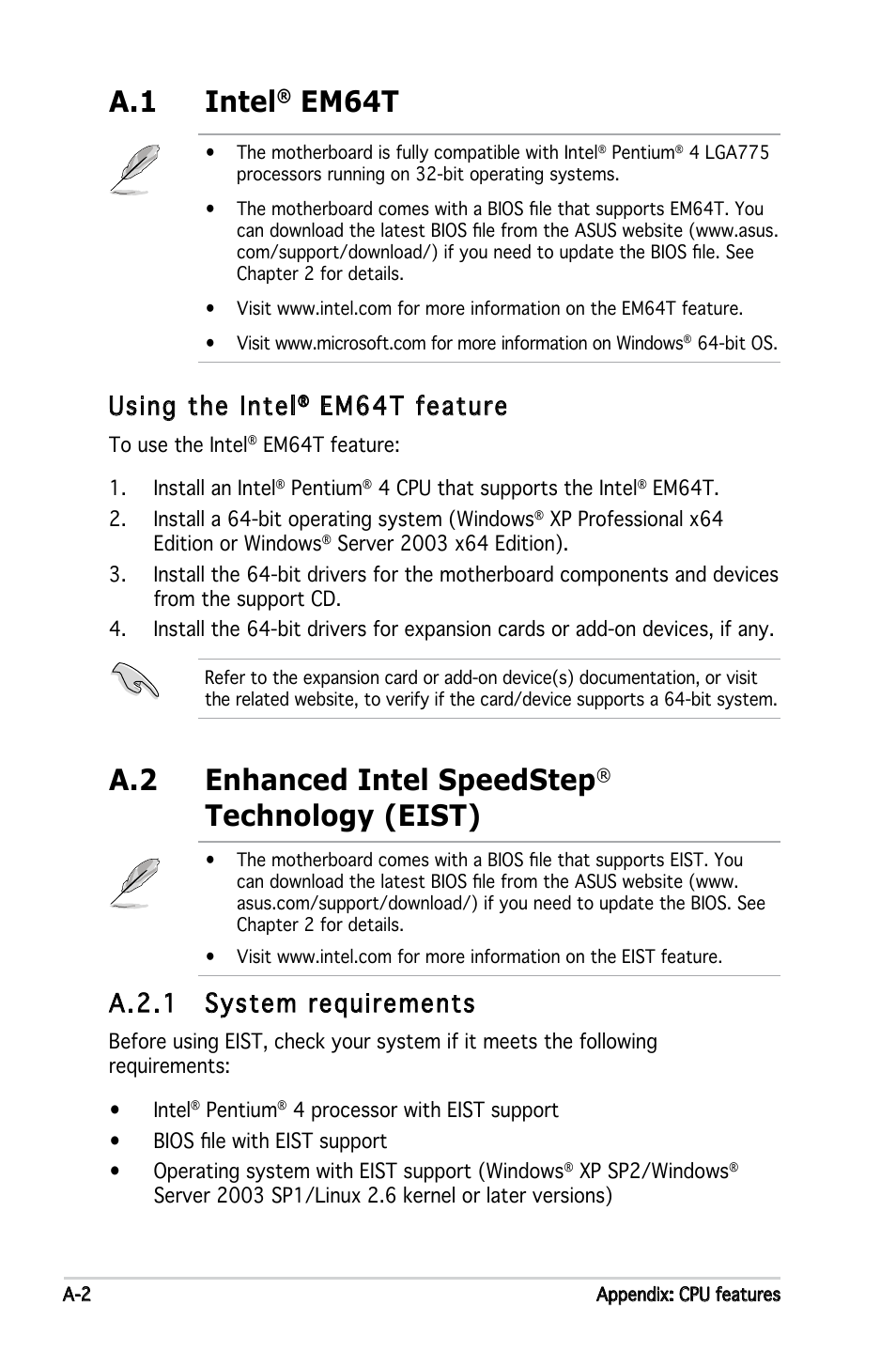 A.1 intel, Em64t, A.2 enhanced intel speedstep | Technology (eist), Using the intel, Em64t feature, A.2.1 system requirements | Asus P5GPL-X SE User Manual | Page 92 / 94