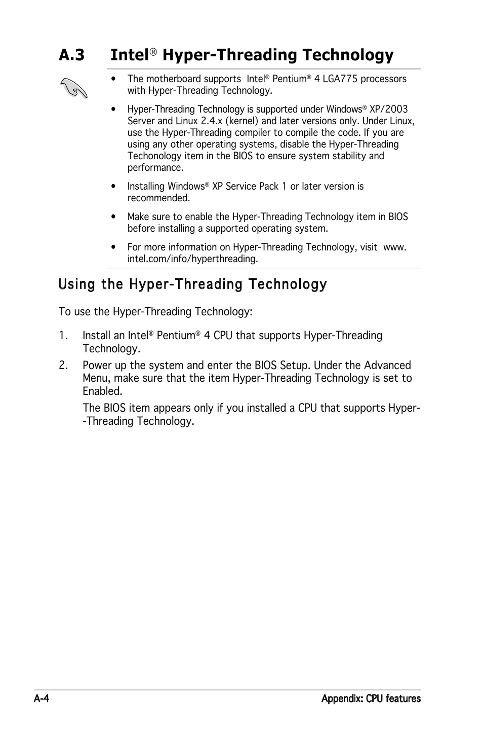 A.3 intel, Hyper-threading technology, Using the hyper-threading technology | Asus P5GPL-X SE User Manual | Page 94 / 94