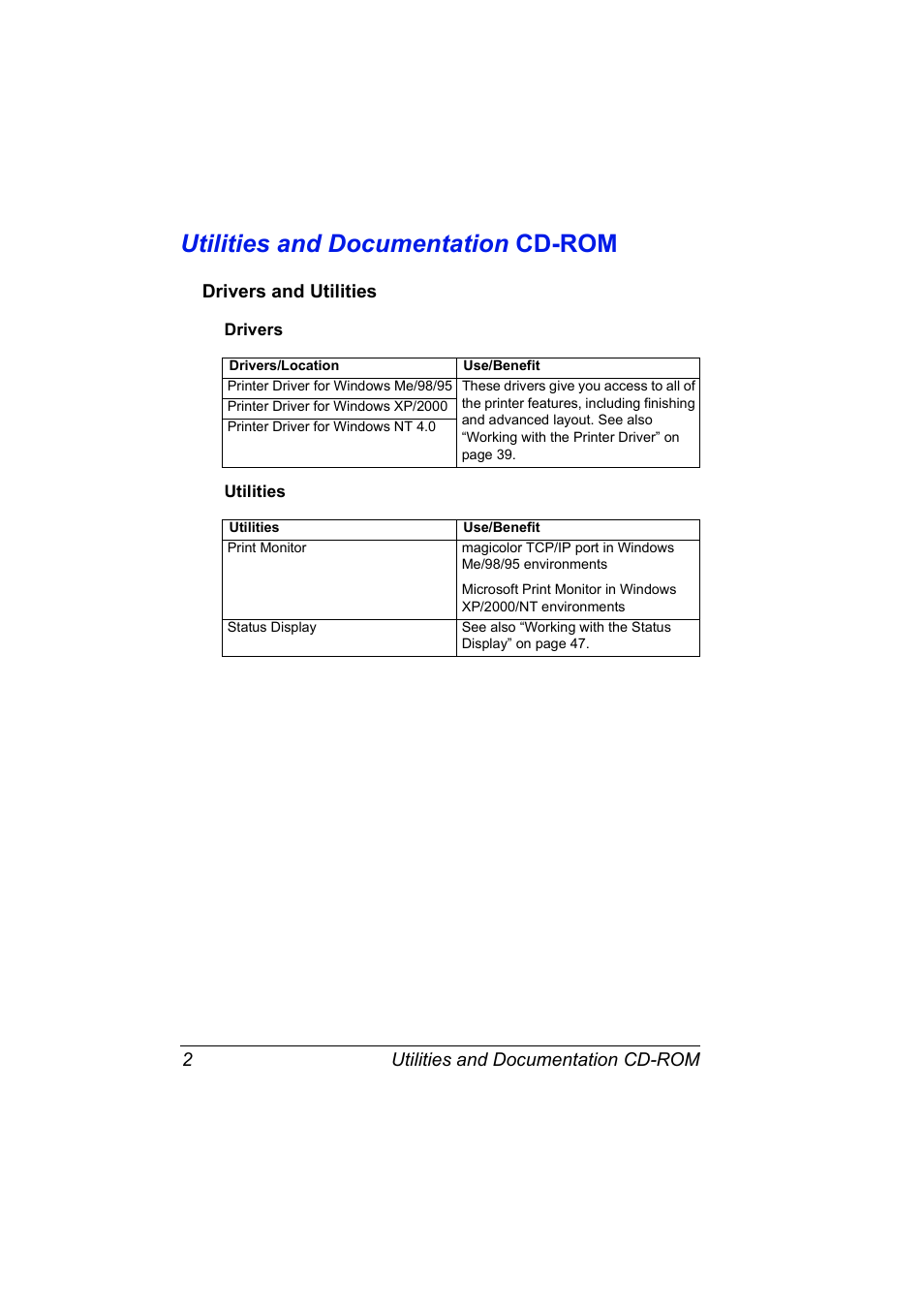 Utilities and documentation cd-rom, Drivers and utilities, Utilities and documentation cd-rom 2 | Drivers and utilities 2 | Konica Minolta MAGICOLOR 2300 User Manual | Page 12 / 182