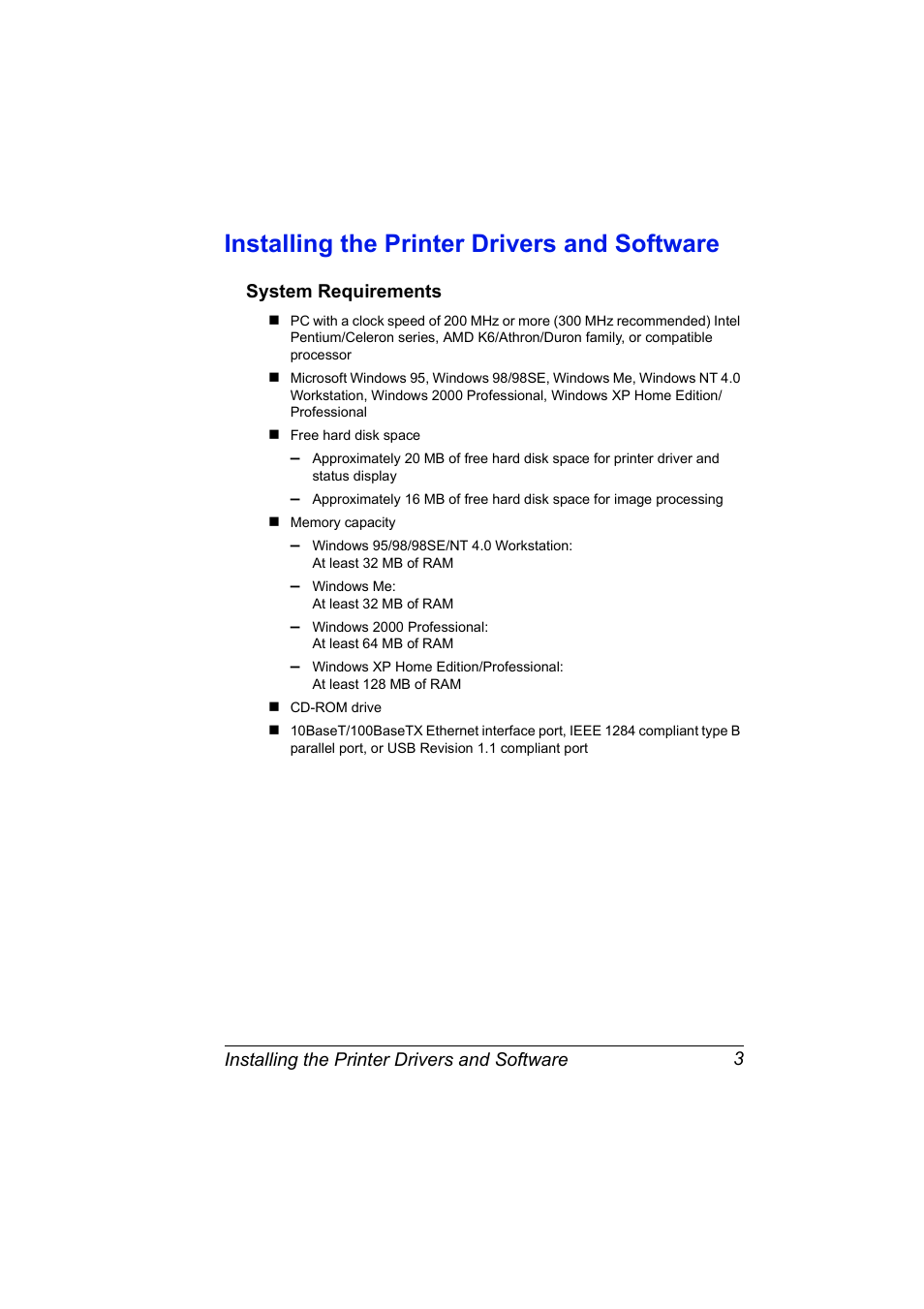 Installing the printer drivers and software, System requirements, Installing the printer drivers and software 3 | System requirements 3 | Konica Minolta MAGICOLOR 2300 User Manual | Page 13 / 182