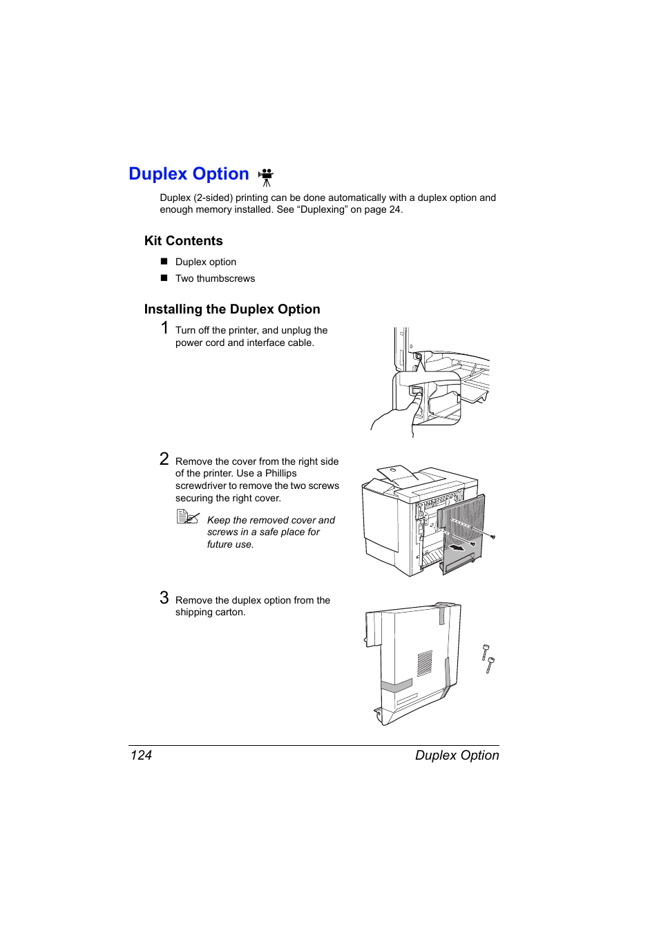 Duplex option, Duplex option 124 | Konica Minolta MAGICOLOR 2300 User Manual | Page 134 / 182