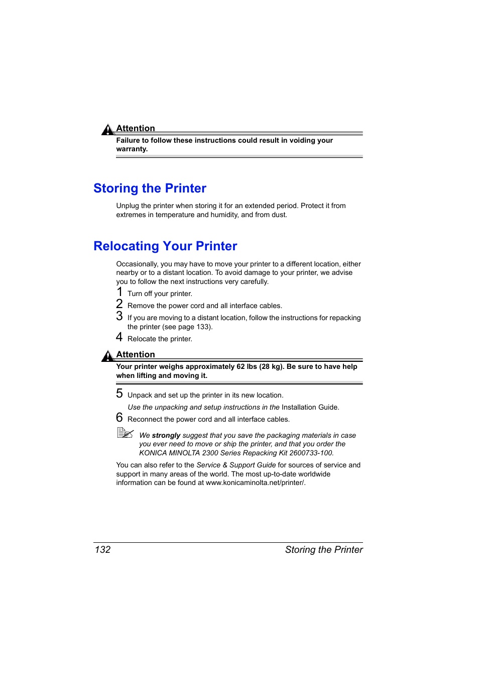 Storing the printer, Relocating your printer | Konica Minolta MAGICOLOR 2300 User Manual | Page 142 / 182