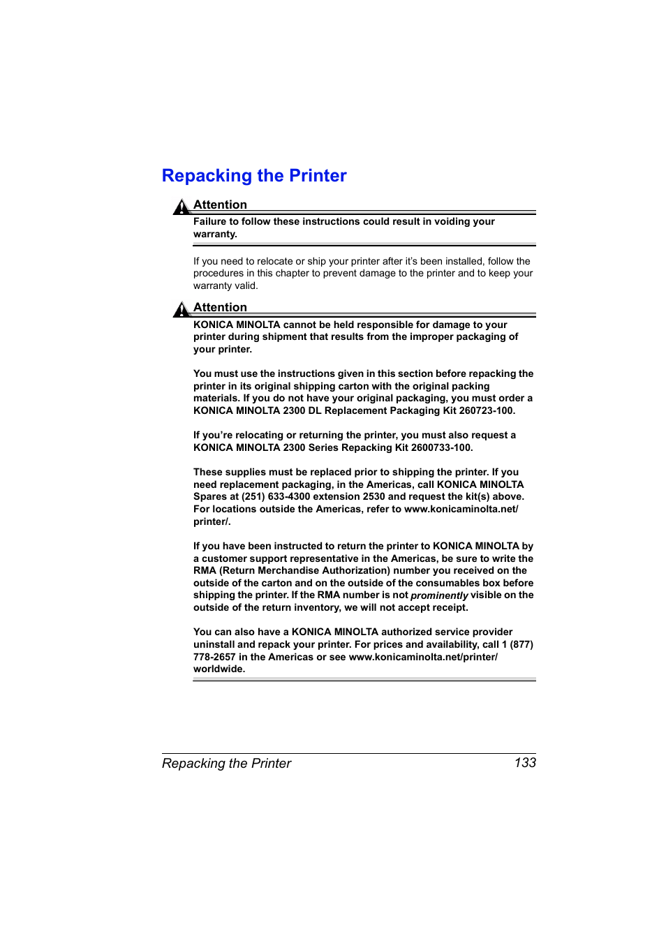 Repacking the printer, Repacking the printer 133 | Konica Minolta MAGICOLOR 2300 User Manual | Page 143 / 182