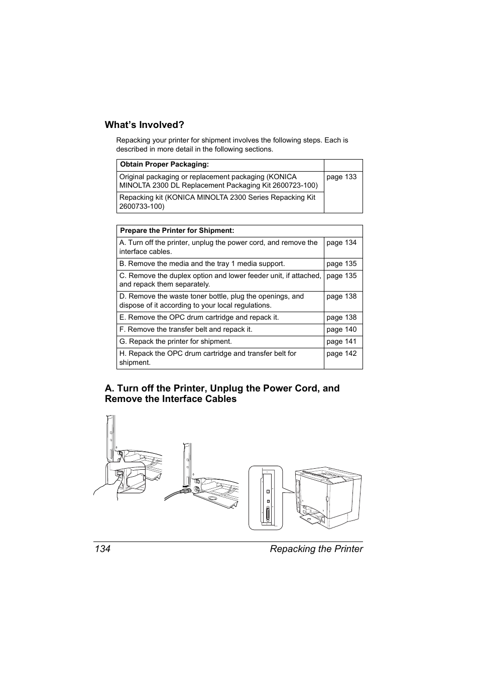 Repacking the printer 134 what’s involved | Konica Minolta MAGICOLOR 2300 User Manual | Page 144 / 182