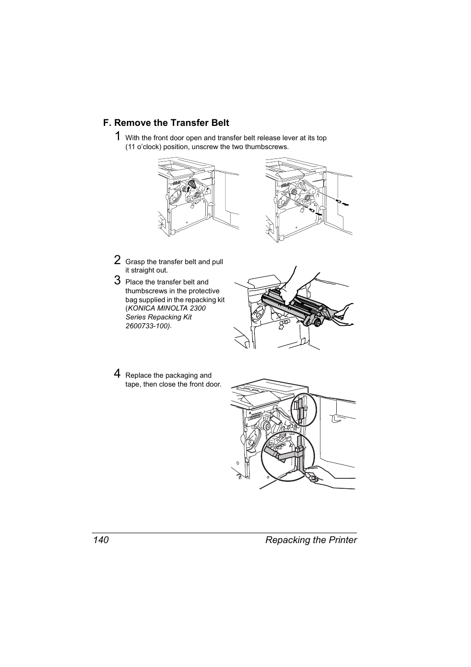 F. remove the transfer belt, F. remove the transfer belt 140 | Konica Minolta MAGICOLOR 2300 User Manual | Page 150 / 182