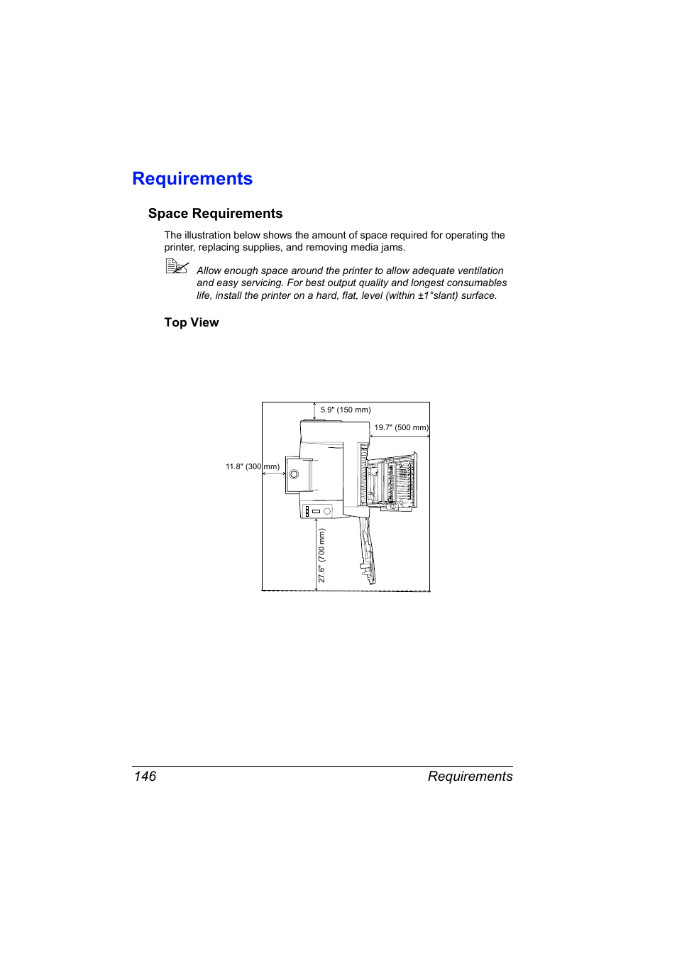 Requirements, Space requirements, Requirements 146 | Space requirements 146 | Konica Minolta MAGICOLOR 2300 User Manual | Page 156 / 182