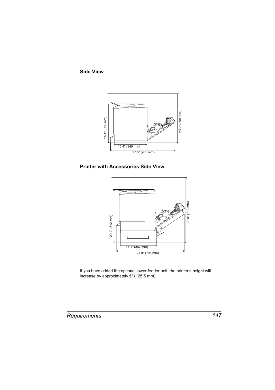 Requirements 147, Side view printer with accessories side view | Konica Minolta MAGICOLOR 2300 User Manual | Page 157 / 182