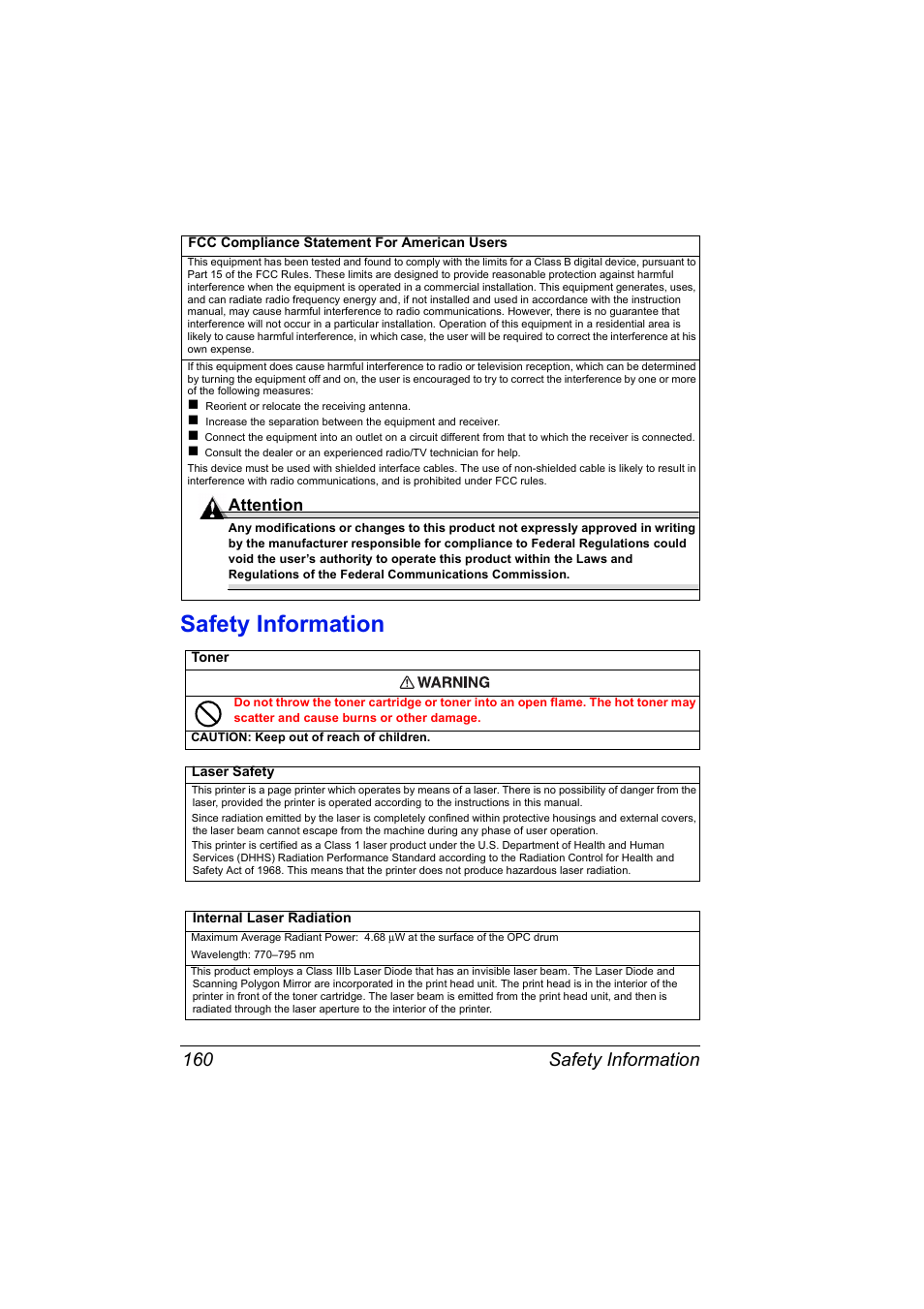 Safety information, Safety information 160, Attention | Konica Minolta MAGICOLOR 2300 User Manual | Page 170 / 182