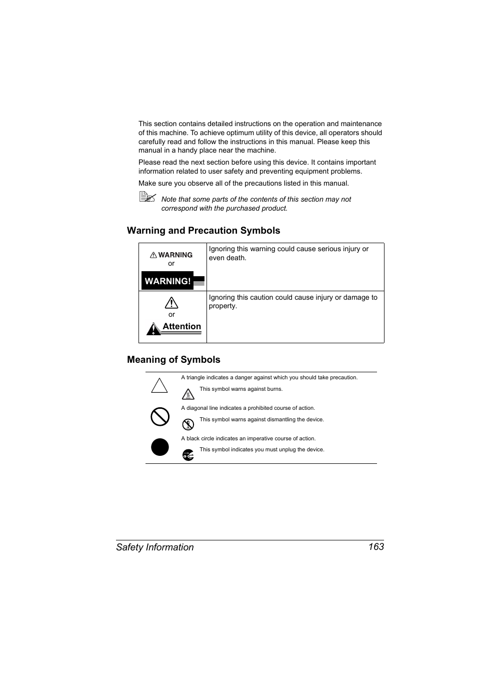 Warning and precaution symbols, Meaning of symbols, Safety information 163 | Warning and precaution symbols meaning of symbols | Konica Minolta MAGICOLOR 2300 User Manual | Page 173 / 182