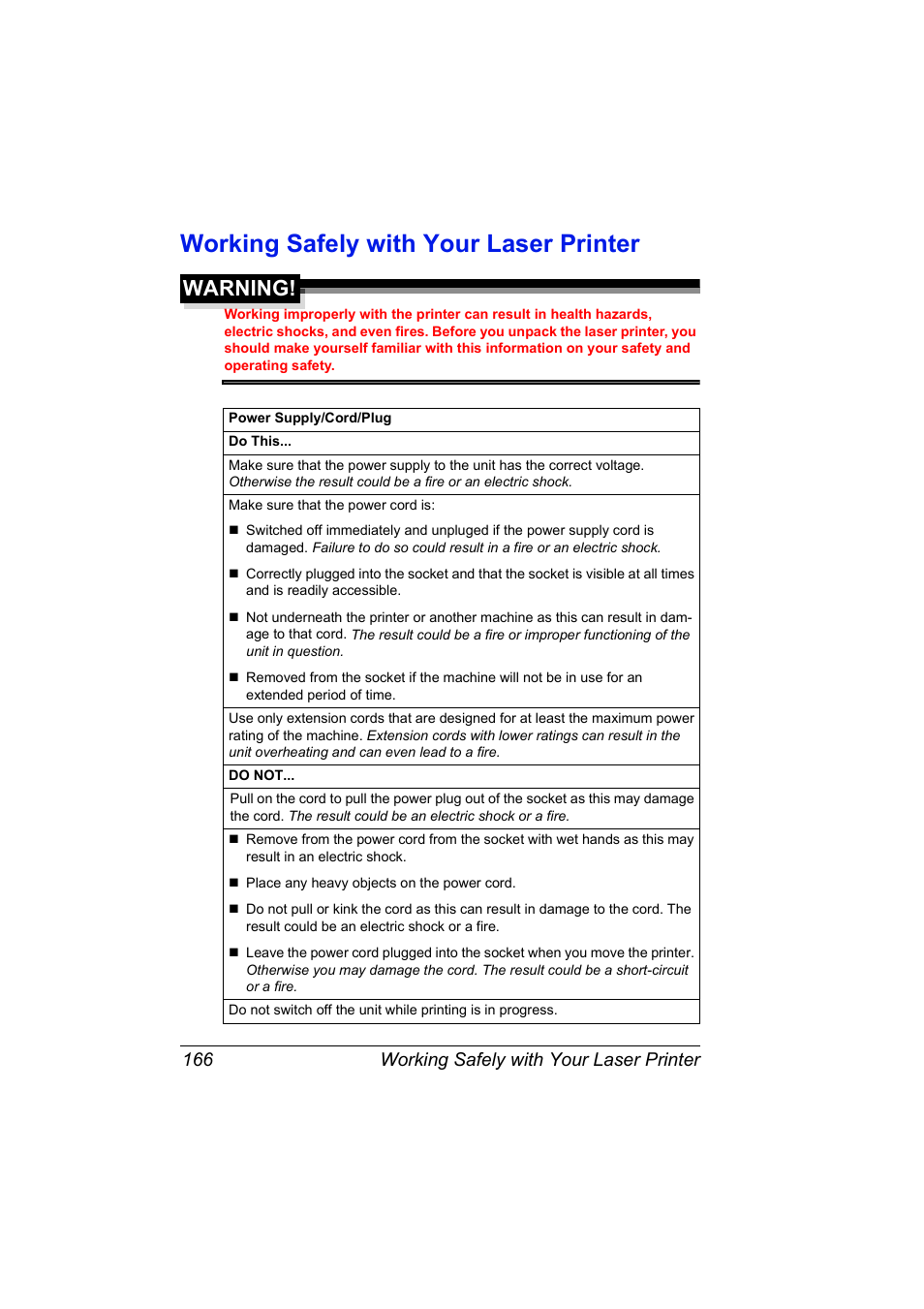 Working safely with your laser printer, Warning, Working safely with your laser printer 166 | Konica Minolta MAGICOLOR 2300 User Manual | Page 176 / 182