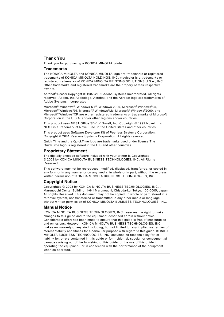 Trademarks, Proprietary statement, Copyright notice | Manual notice | Konica Minolta MAGICOLOR 2300 User Manual | Page 2 / 182