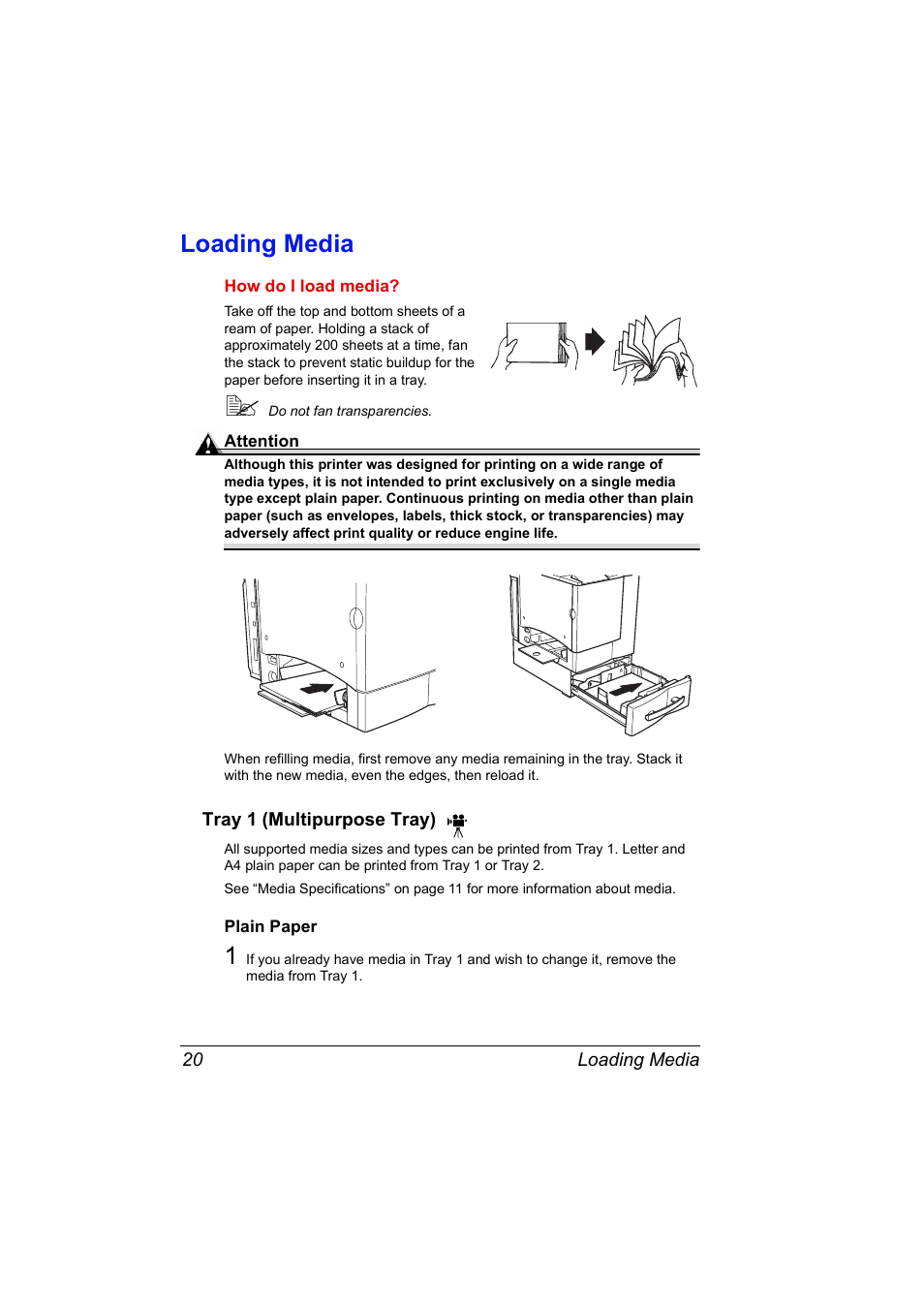 Loading media, Tray 1 (multipurpose tray), Loading media 20 | Tray 1 (multipurpose tray) 20 | Konica Minolta MAGICOLOR 2300 User Manual | Page 30 / 182