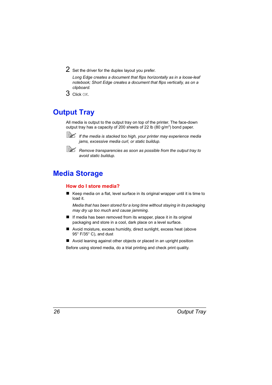 Output tray, Media storage, Output tray 26 media storage 26 | Konica Minolta MAGICOLOR 2300 User Manual | Page 36 / 182
