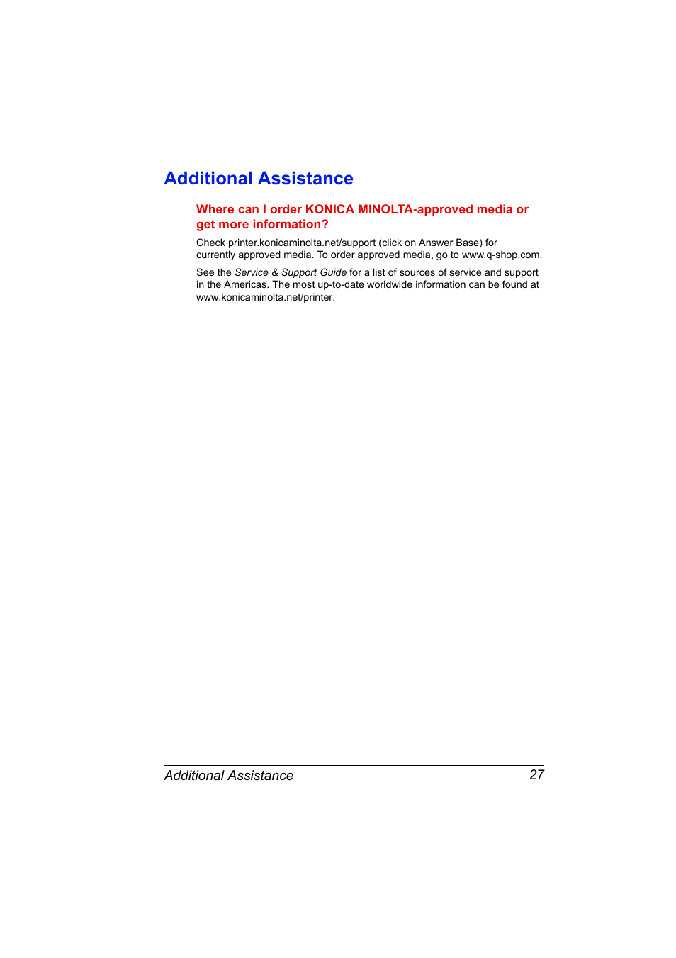 Additional assistance, Additional assistance 27 | Konica Minolta MAGICOLOR 2300 User Manual | Page 37 / 182