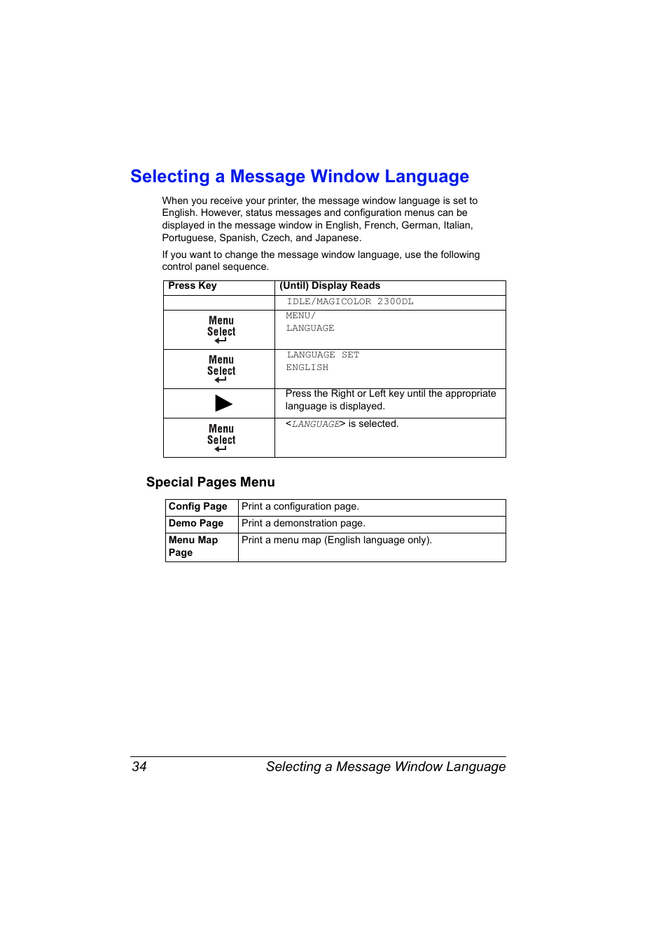 Selecting a message window language, Selecting a message window language 34, Special pages menu | Konica Minolta MAGICOLOR 2300 User Manual | Page 44 / 182