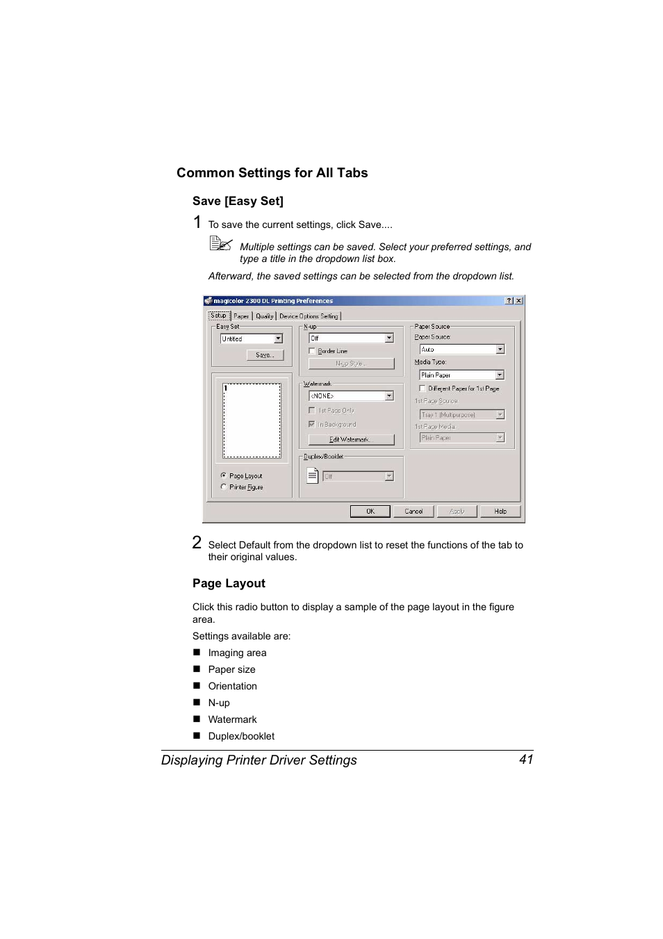 Common settings for all tabs, Common settings for all tabs 41 | Konica Minolta MAGICOLOR 2300 User Manual | Page 51 / 182