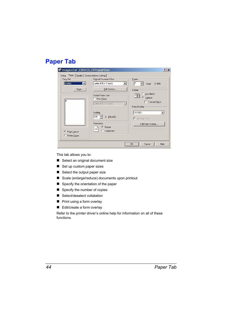 Paper tab, Paper tab 44 | Konica Minolta MAGICOLOR 2300 User Manual | Page 54 / 182