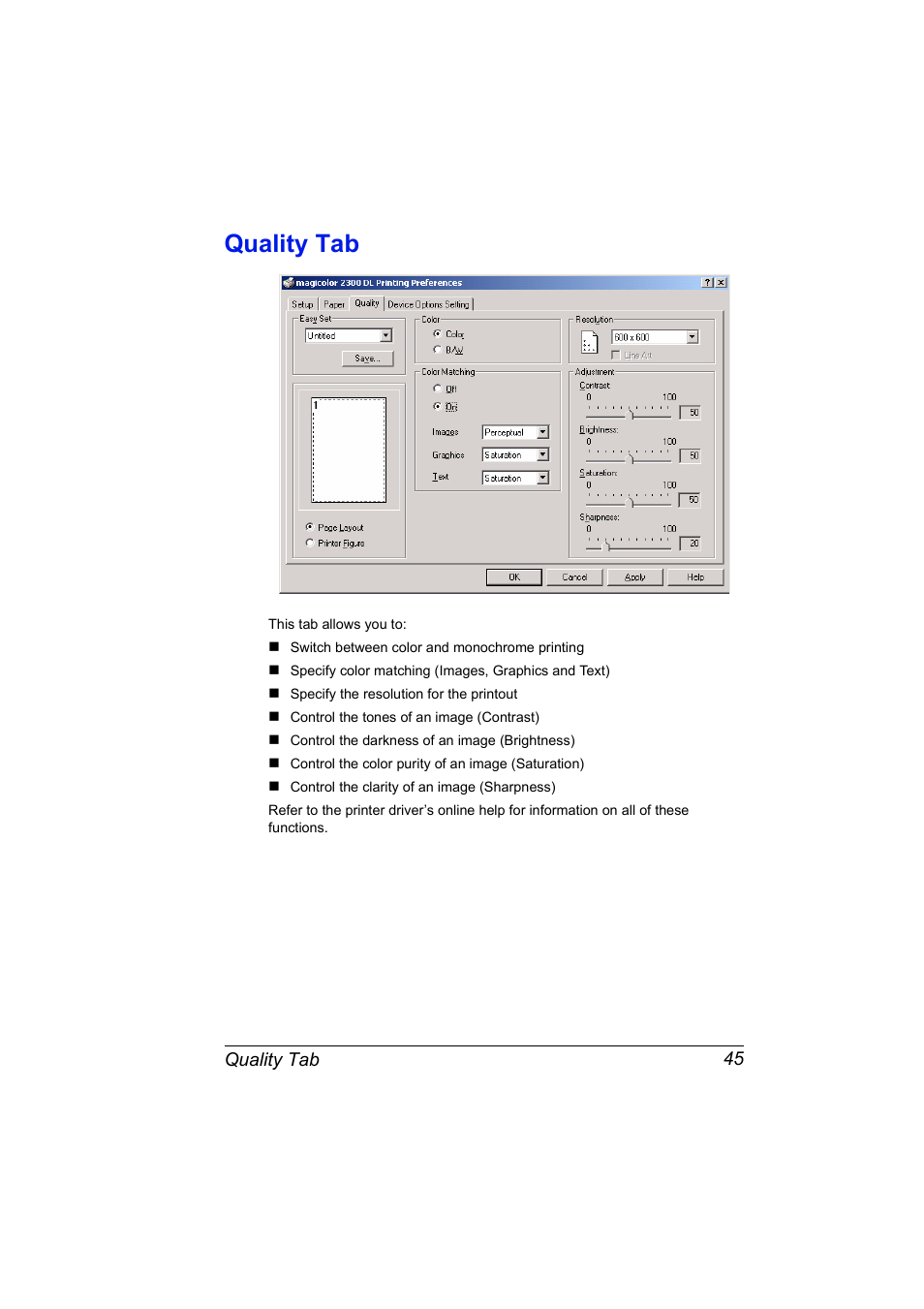 Quality tab, Quality tab 45 | Konica Minolta MAGICOLOR 2300 User Manual | Page 55 / 182