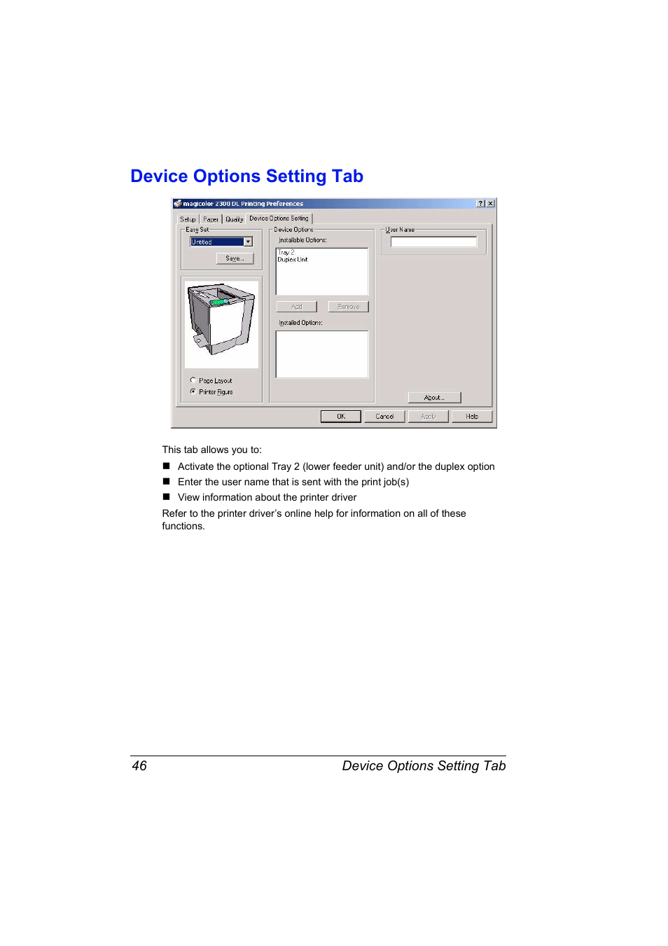 Device options setting tab, Device options setting tab 46 | Konica Minolta MAGICOLOR 2300 User Manual | Page 56 / 182