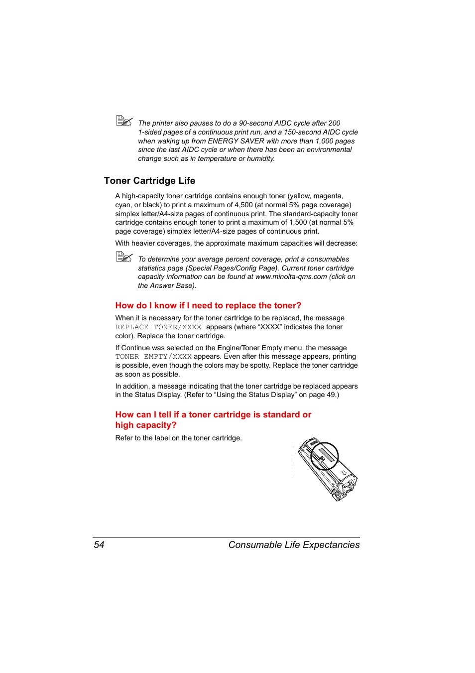 Toner cartridge life, Toner cartridge life 54 | Konica Minolta MAGICOLOR 2300 User Manual | Page 64 / 182