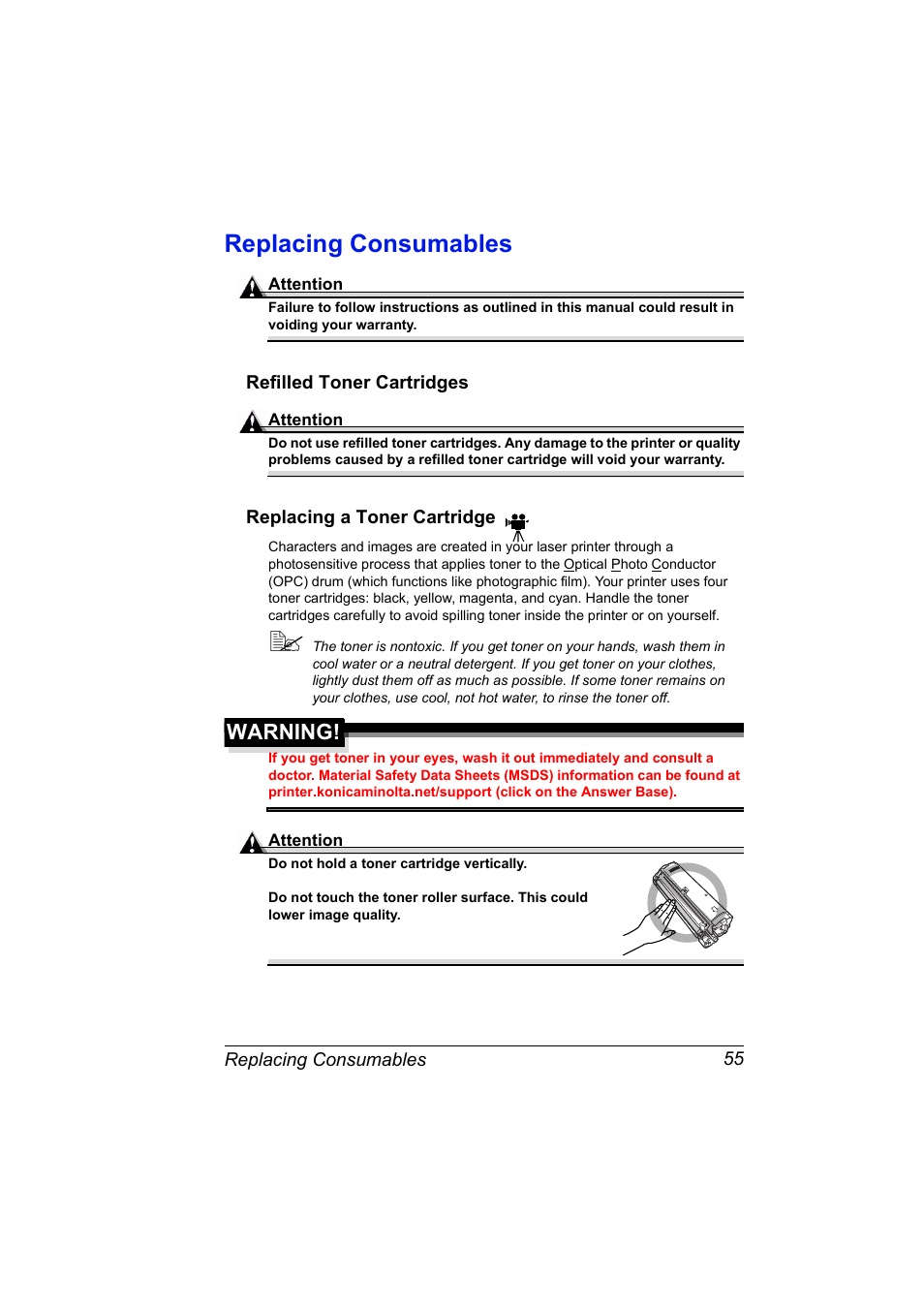 Replacing consumables, Refilled toner cartridges, Replacing a toner cartridge | Replacing consumables 55, Warning | Konica Minolta MAGICOLOR 2300 User Manual | Page 65 / 182