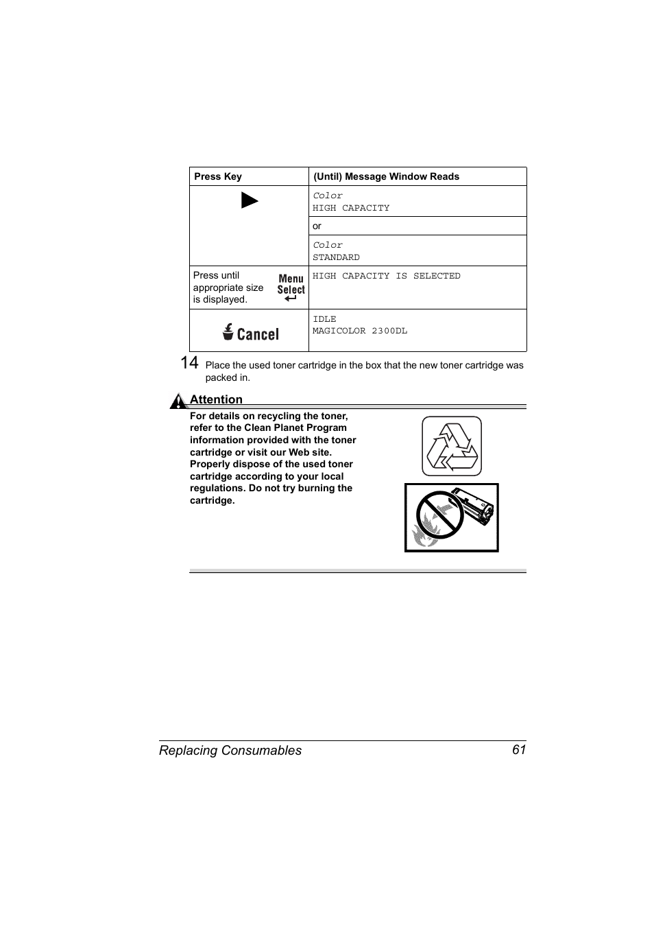 Replacing consumables 61 | Konica Minolta MAGICOLOR 2300 User Manual | Page 71 / 182