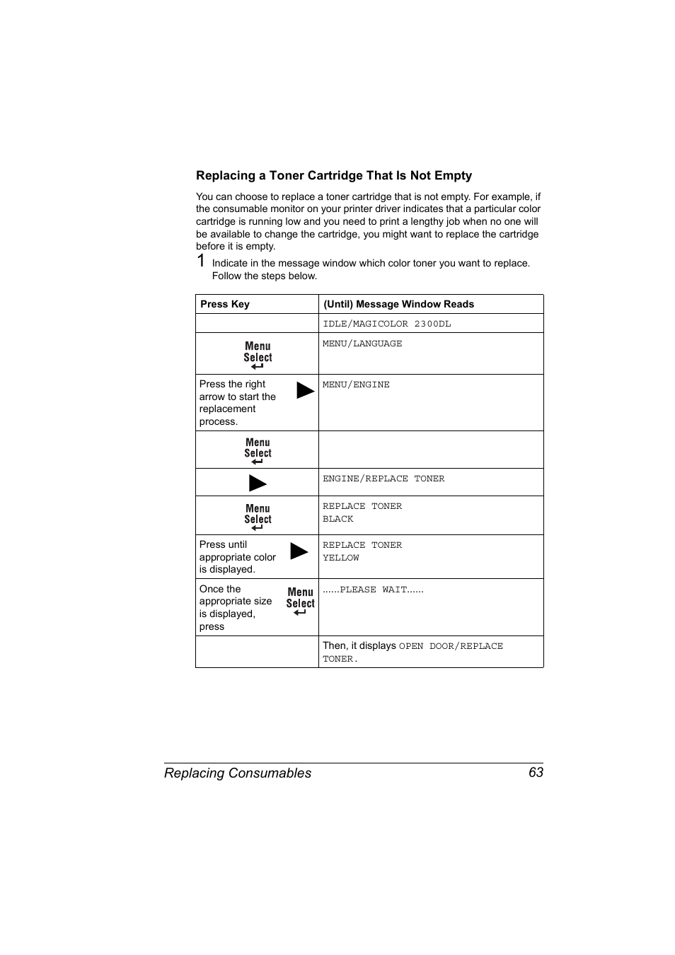 Replacing consumables 63 | Konica Minolta MAGICOLOR 2300 User Manual | Page 73 / 182