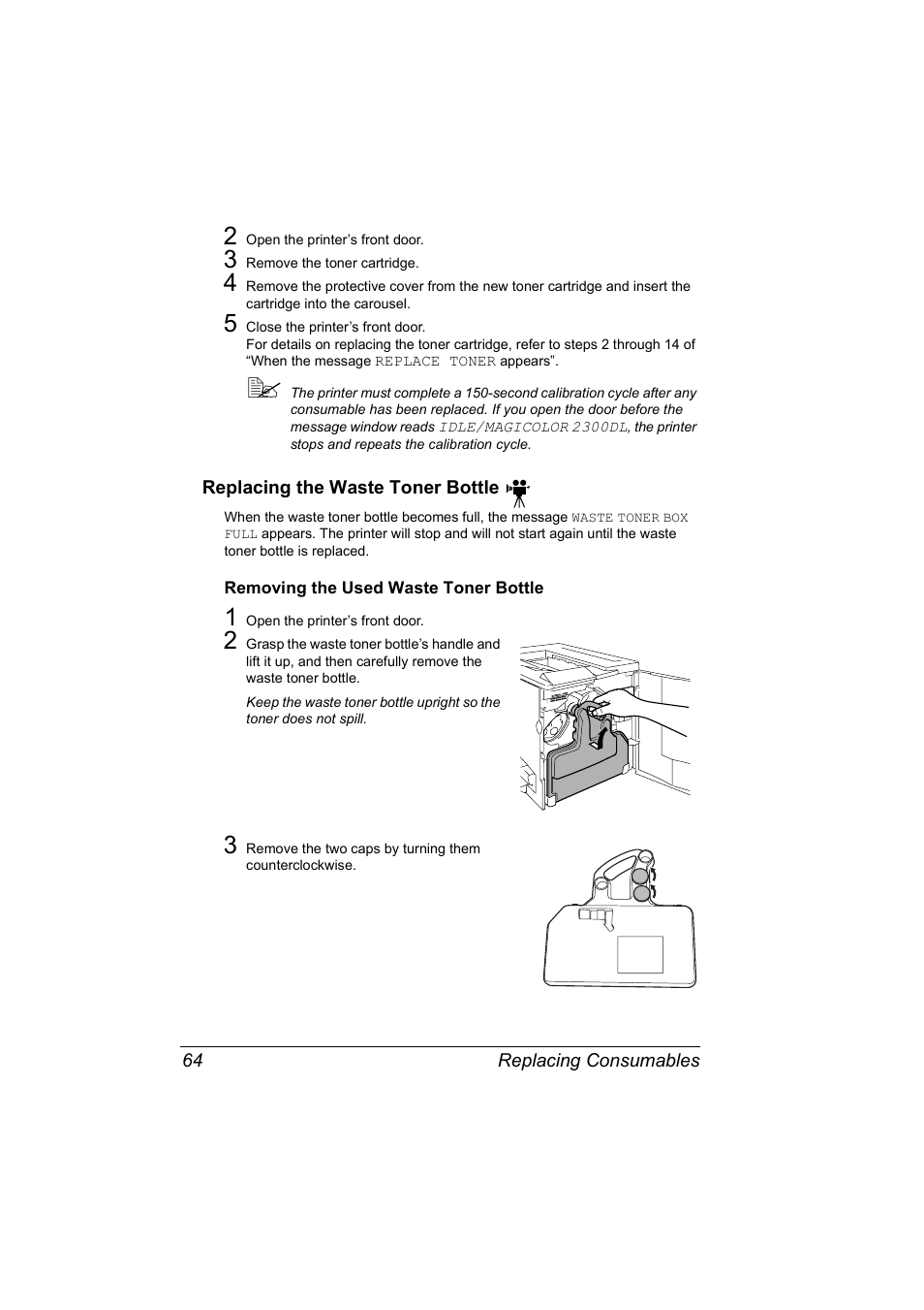 Replacing the waste toner bottle, Replacing the waste toner bottle 64 | Konica Minolta MAGICOLOR 2300 User Manual | Page 74 / 182