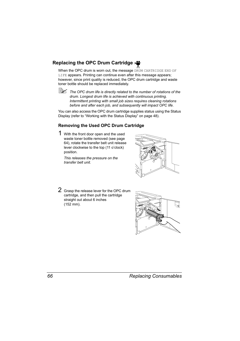 Replacing the opc drum cartridge, Replacing the opc drum cartridge 66 | Konica Minolta MAGICOLOR 2300 User Manual | Page 76 / 182