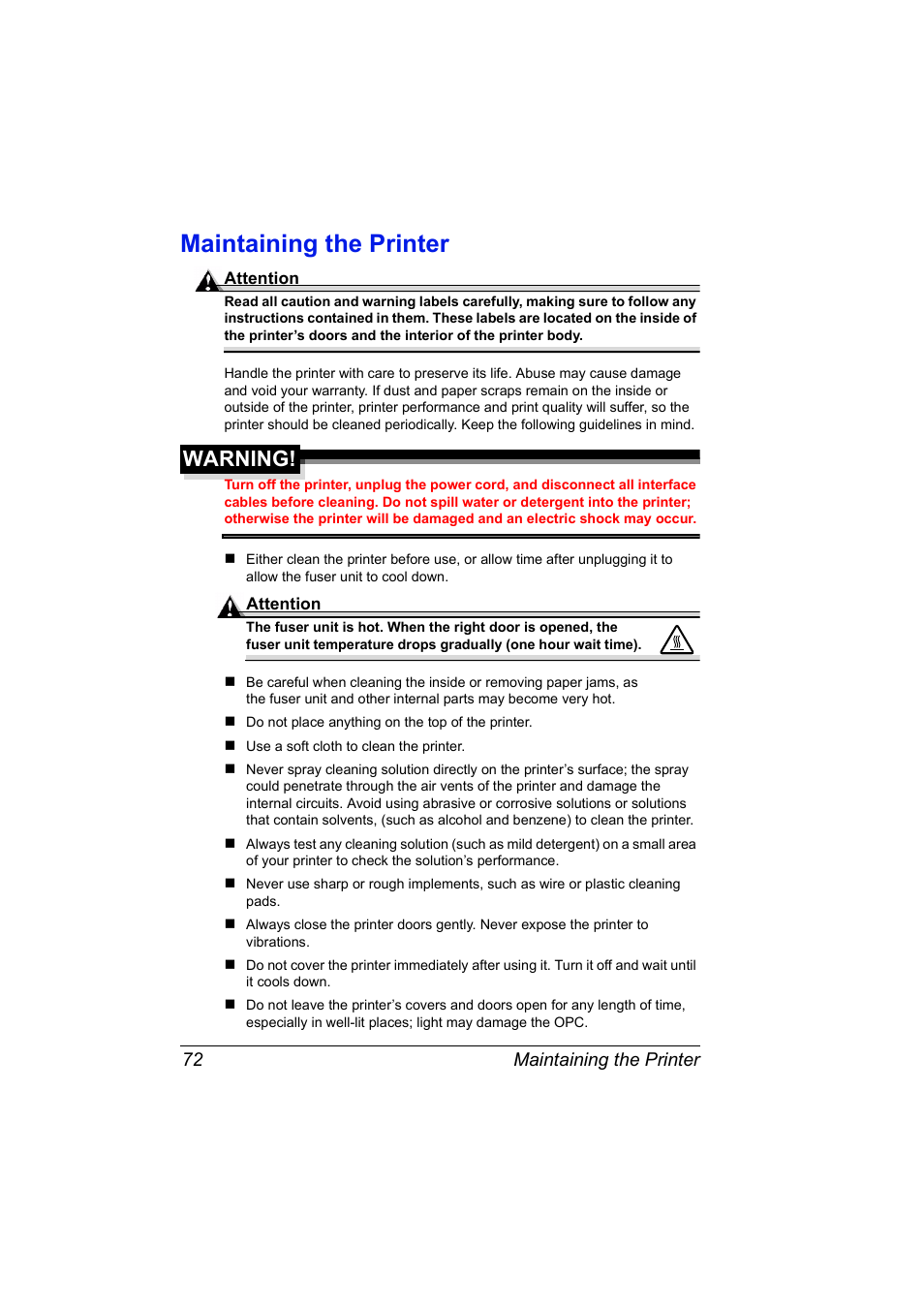 Maintaining the printer, Maintaining the printer 72, Warning | Konica Minolta MAGICOLOR 2300 User Manual | Page 82 / 182