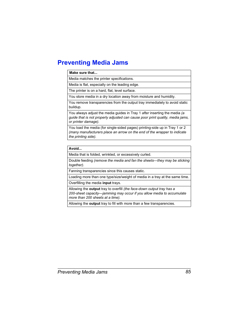 Preventing media jams, Preventing media jams 85 | Konica Minolta MAGICOLOR 2300 User Manual | Page 95 / 182