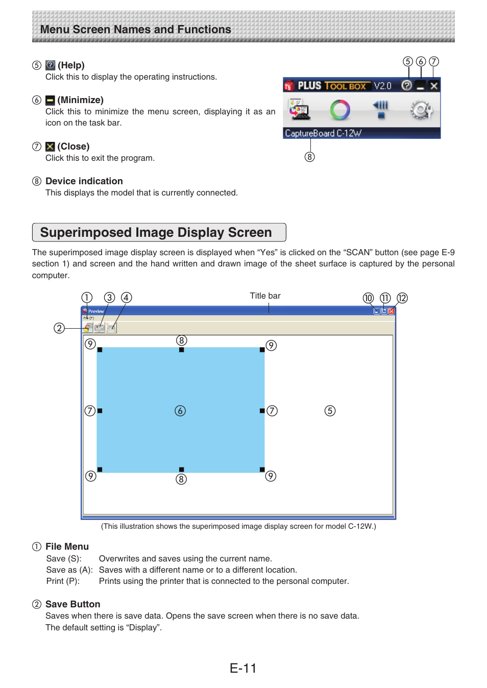 Superimposed image display screen, E-11 | Konica Minolta magicolor plus User Manual | Page 11 / 32